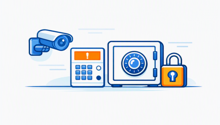 Security equipment icons including alarm, CCTV camera, safe and key box