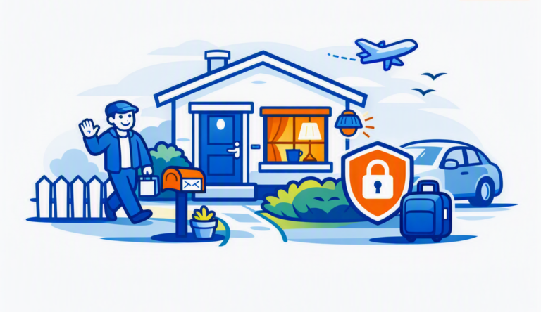 Neighbour walking past house with glowing window, lock shield and suitcase
