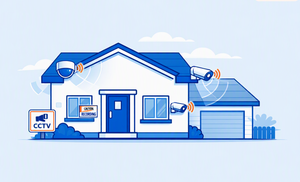 Home with multiple security cameras and CCTV sign