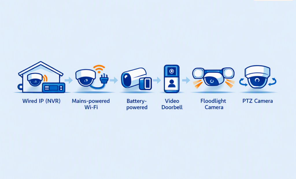 Wired IP, Wi‑Fi, battery, doorbell, floodlight and PTZ camera icons