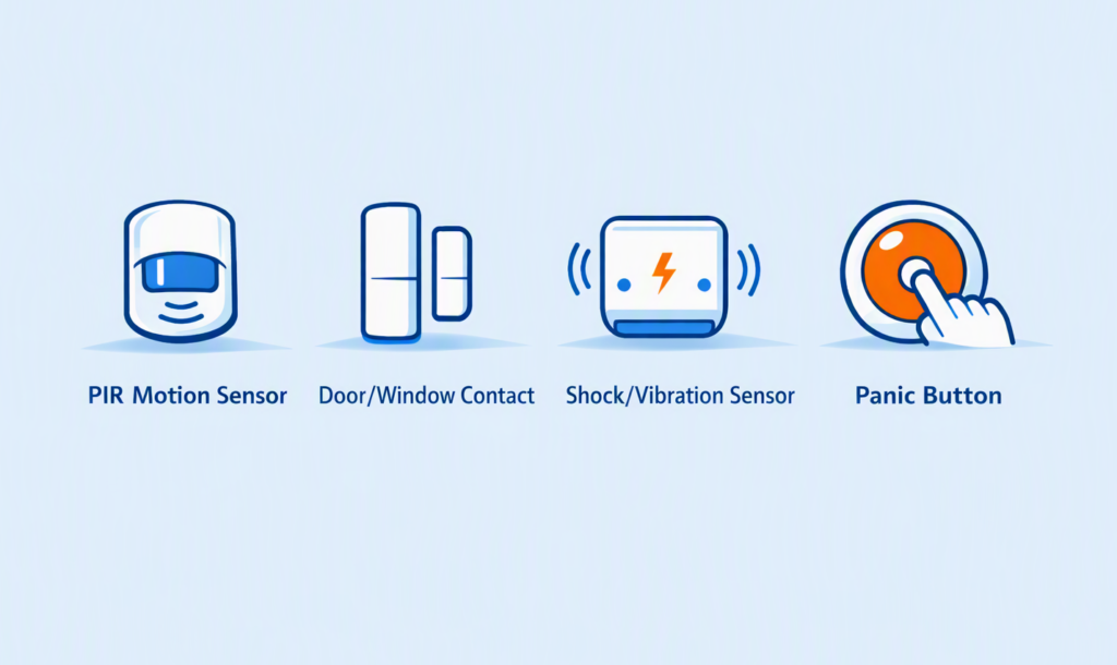 PIR sensor, door contact, shock sensor and panic button icons