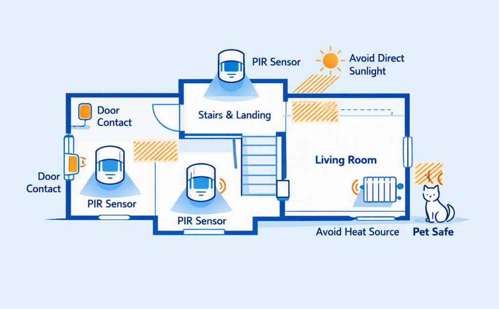 Home layout showing PIR detection zones and door contacts