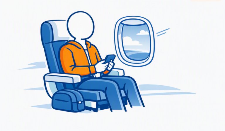 Person sitting in airplane seat holding phone