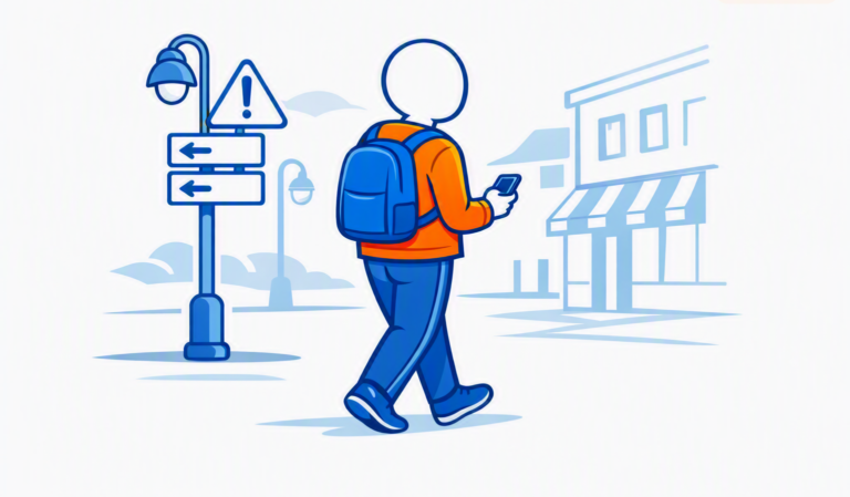 Person walking with backpack holding phone