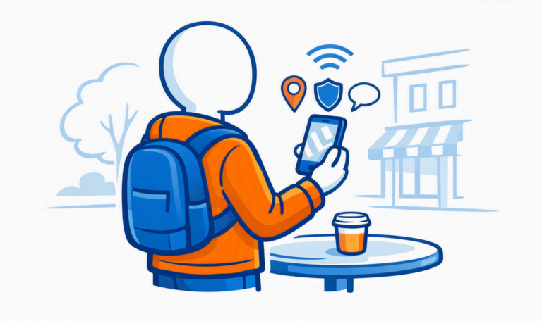 Person with backpack holding phone at table