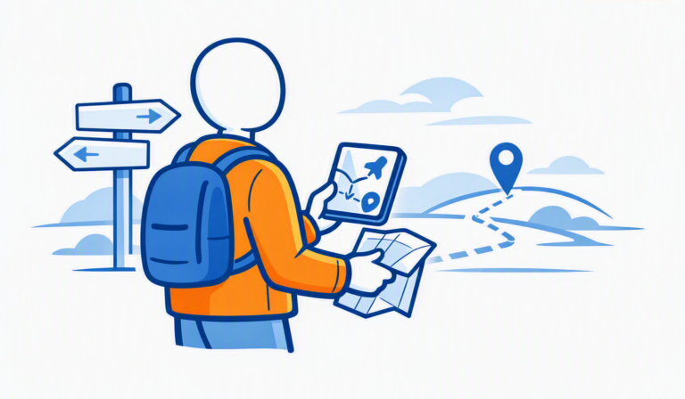 Person with backpack holding map and tablet