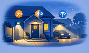 House with motion‑sensor, dusk‑to‑dawn and smart lighting icons