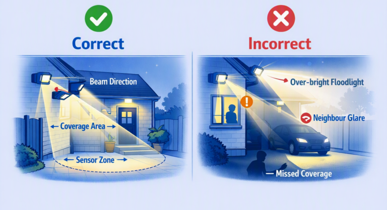 Correct and incorrect floodlight positioning illustration